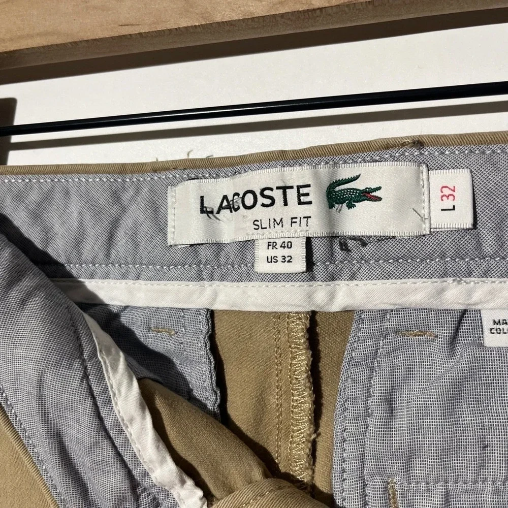 Lacoste Slim Fit Chino Pants Mens 32 Tan Khaki Cotton Twill Trousers - Picture 3 of 8